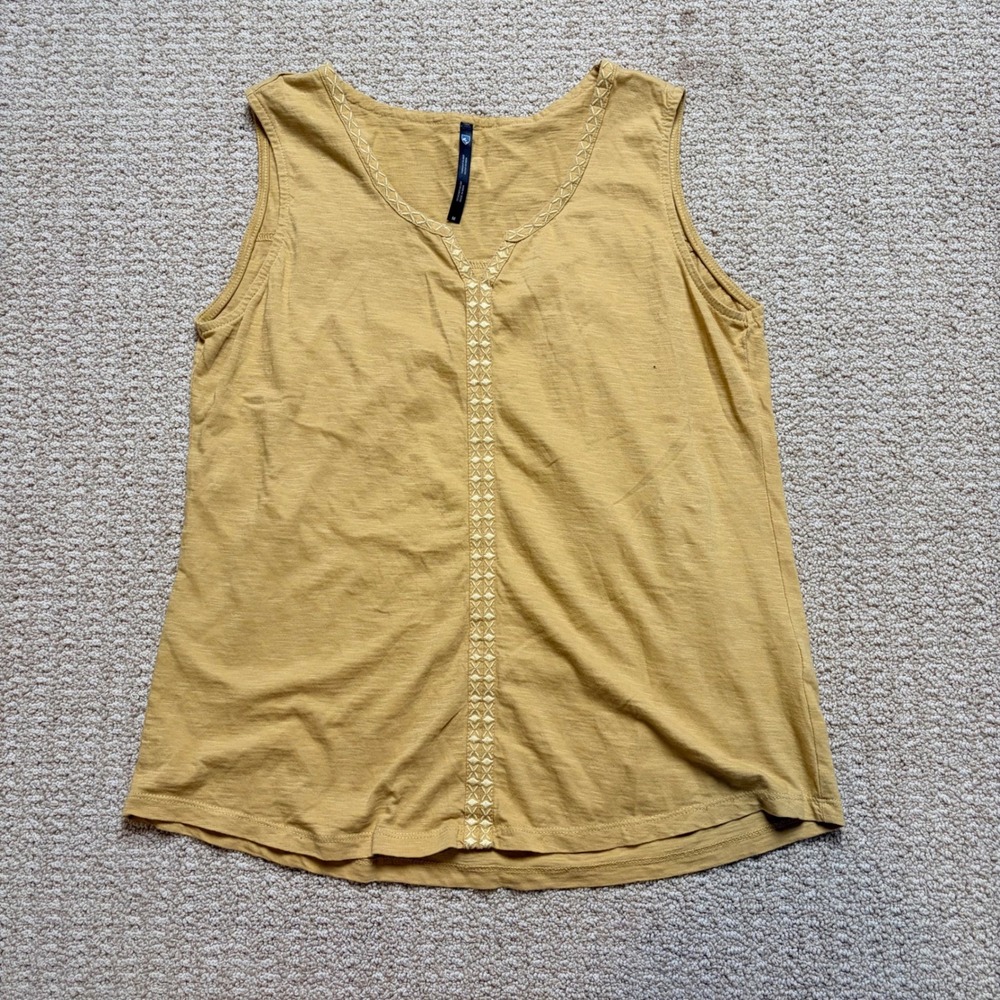 Kuhl Womens Mustard Yellow Embroidered V-Neck Sleeveless Slub Jersey Top Size M - Picture 1 of 8
